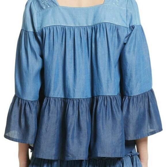 Kate Spade Square Neck Tiered Top Womens Smocked Blue Floral Embroidery Chambray - Picture 5 of 8